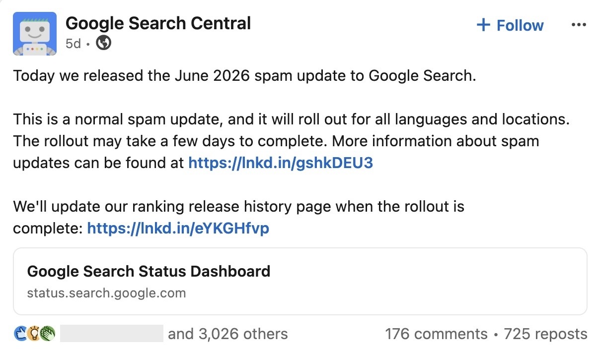 LinkedIn post by Google Search Central about the release of the June 2026 spam update.