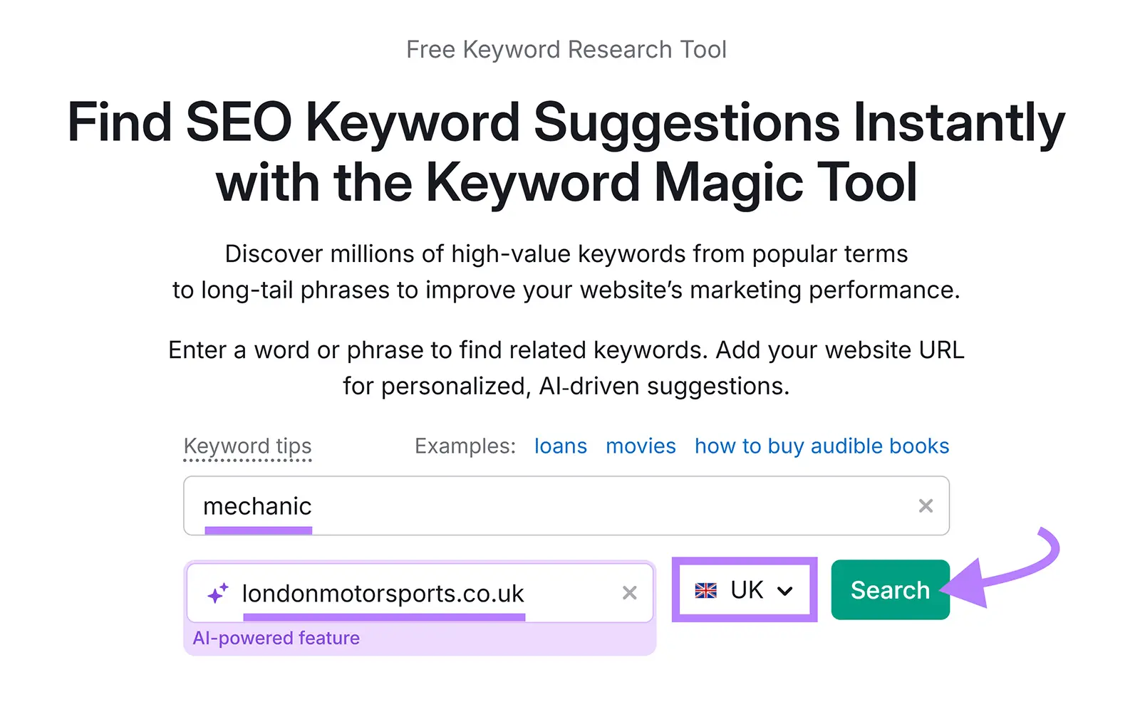 Keyword Magic Tool with a keyword and domain entered, country selected, and "Search" clicked.