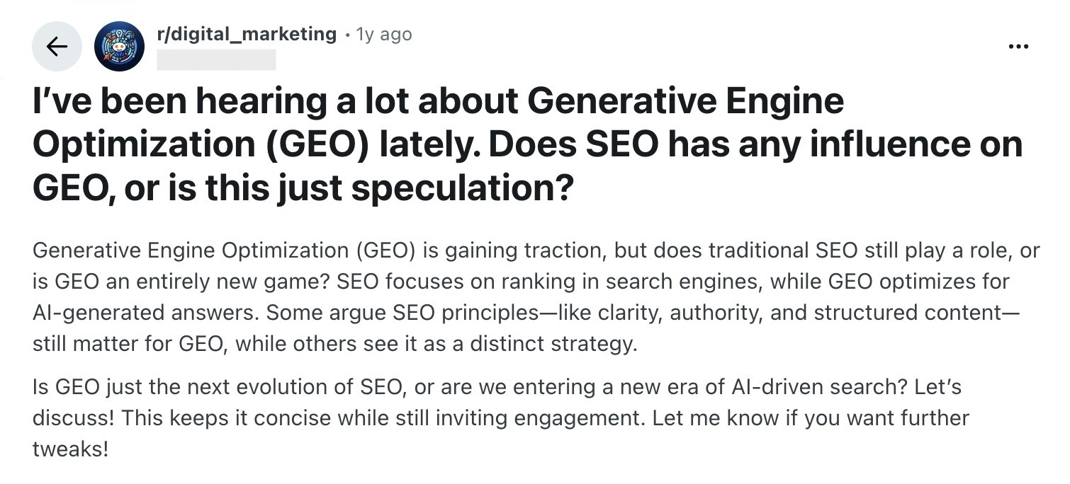 A Reddit post on the r/digital marketing asking about the influence of SEO on GEO.
