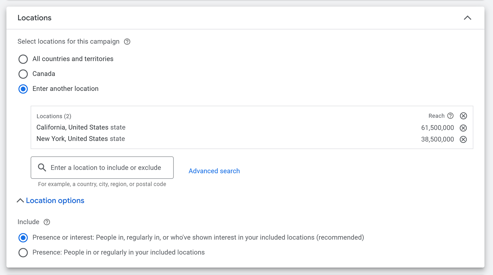 Google Ads location targeting settings with California and New York selected for a campaign