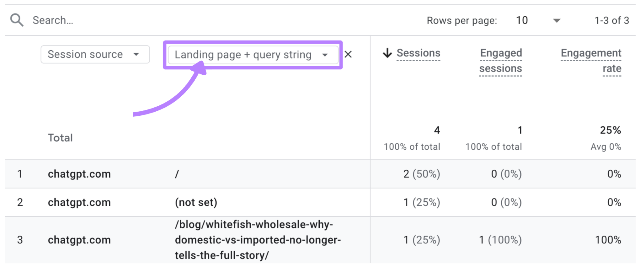 landing page filter added to GA4 report