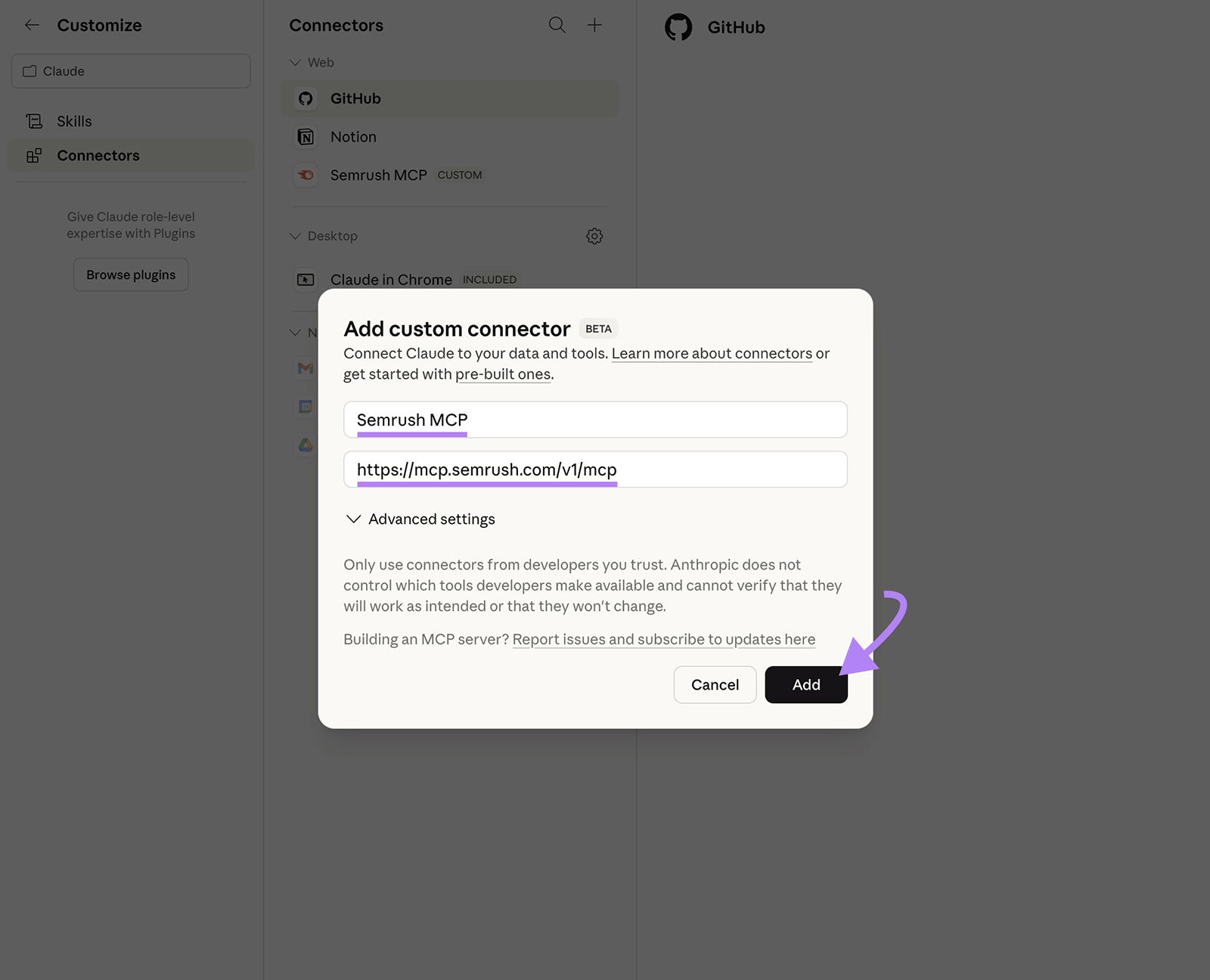 Claude custom connector setup for Semrush MCP with server URL entered before adding the integration