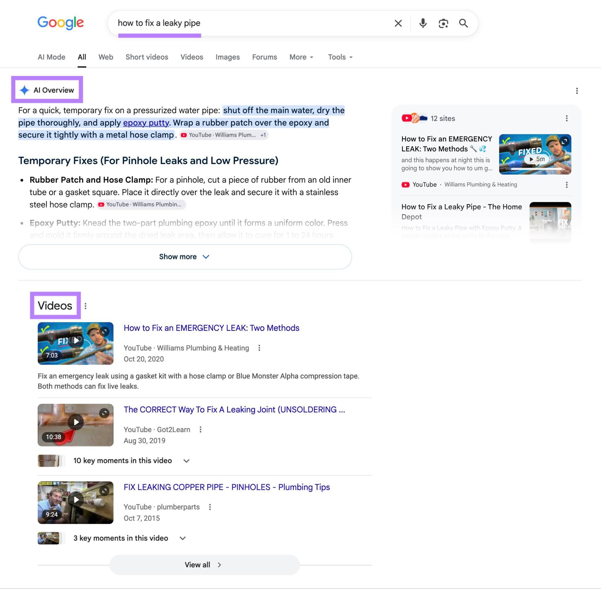Google SERP for the term "how to fix a leaky pipe" showing an AI Overview on top followed by video results.