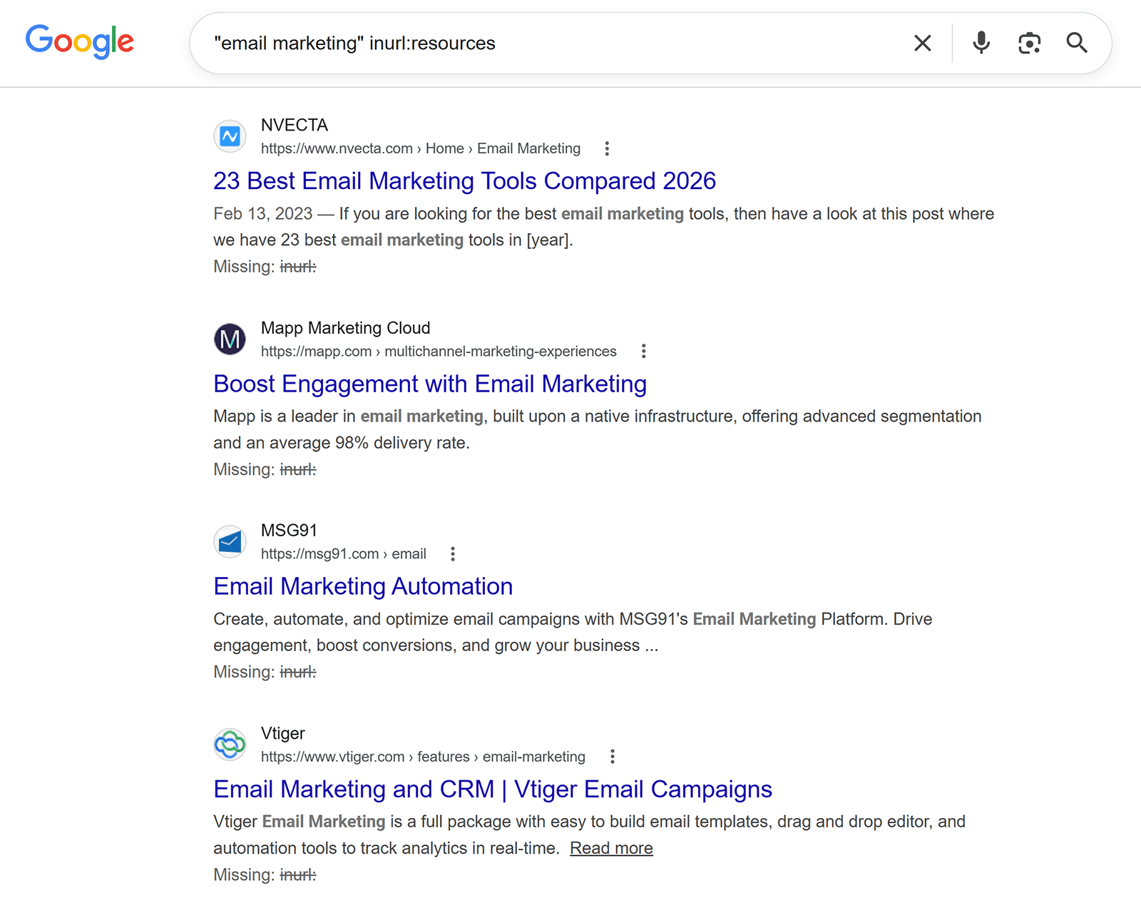 Google search results for the query "email marketing" inurl:resources