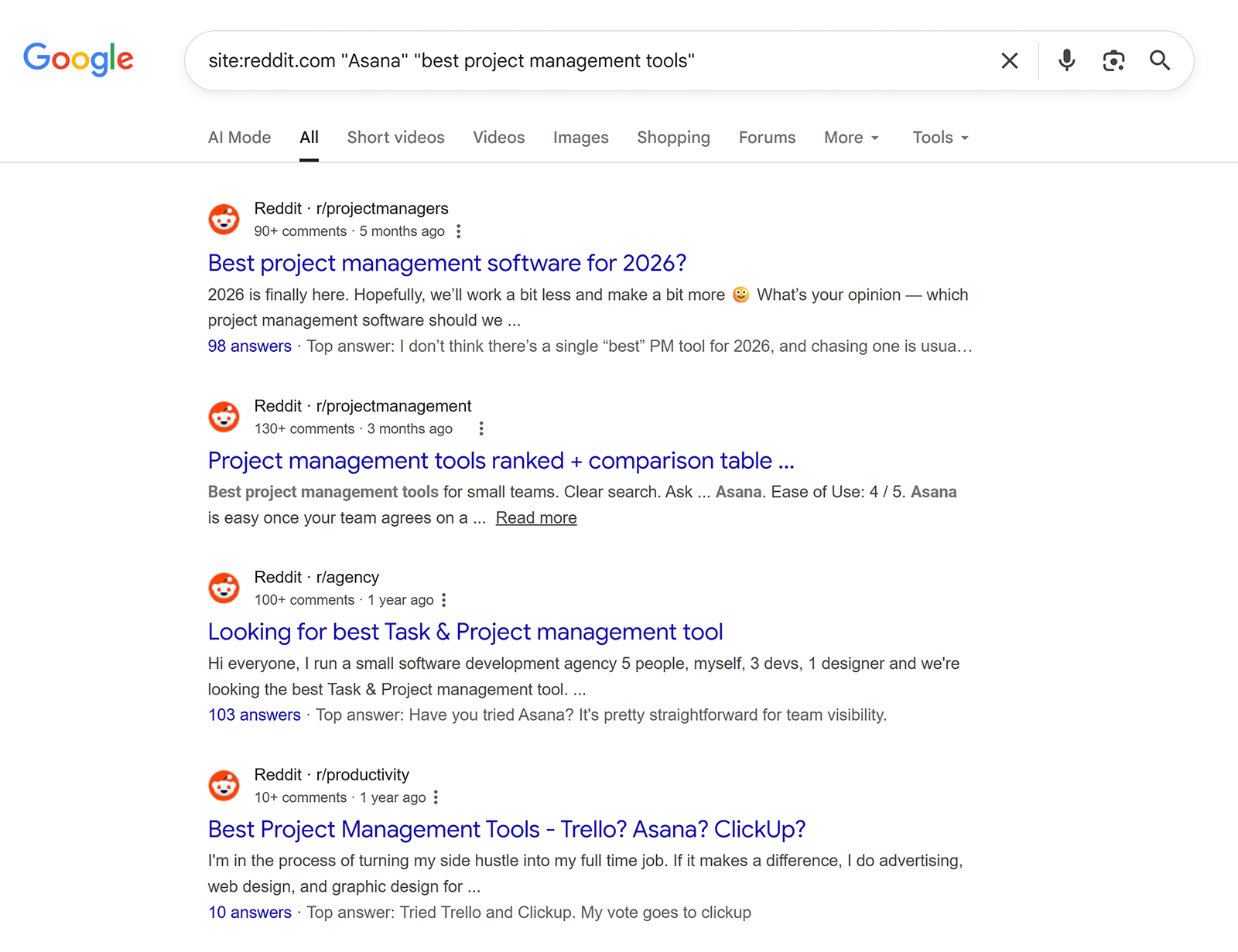 Google site search results for Reddit discussions mentioning Asana and project management tools