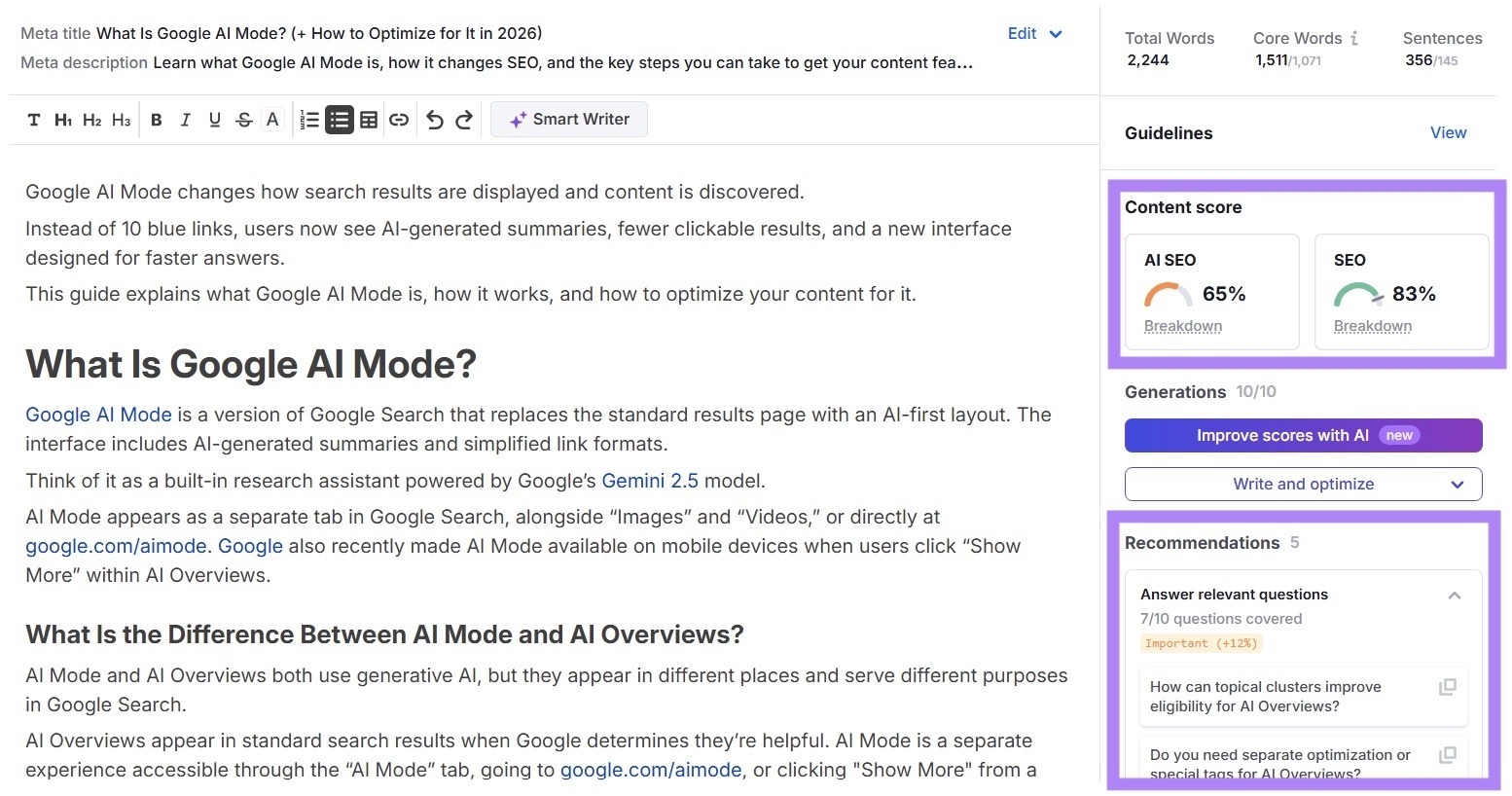 Content Optimization tool showing text inputted on the left and a content score & recommendations on the right.
