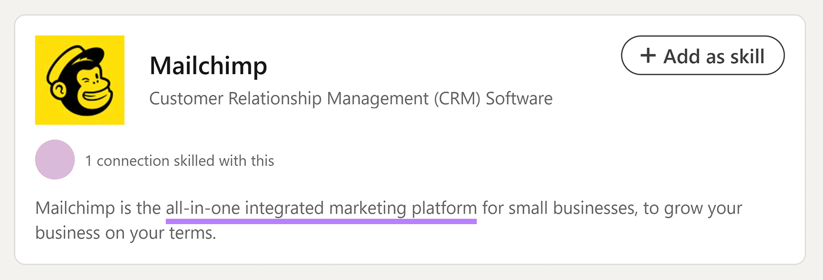 LinkedIn skill page describing Mailchimp as an all-in-one marketing platform for small businesses