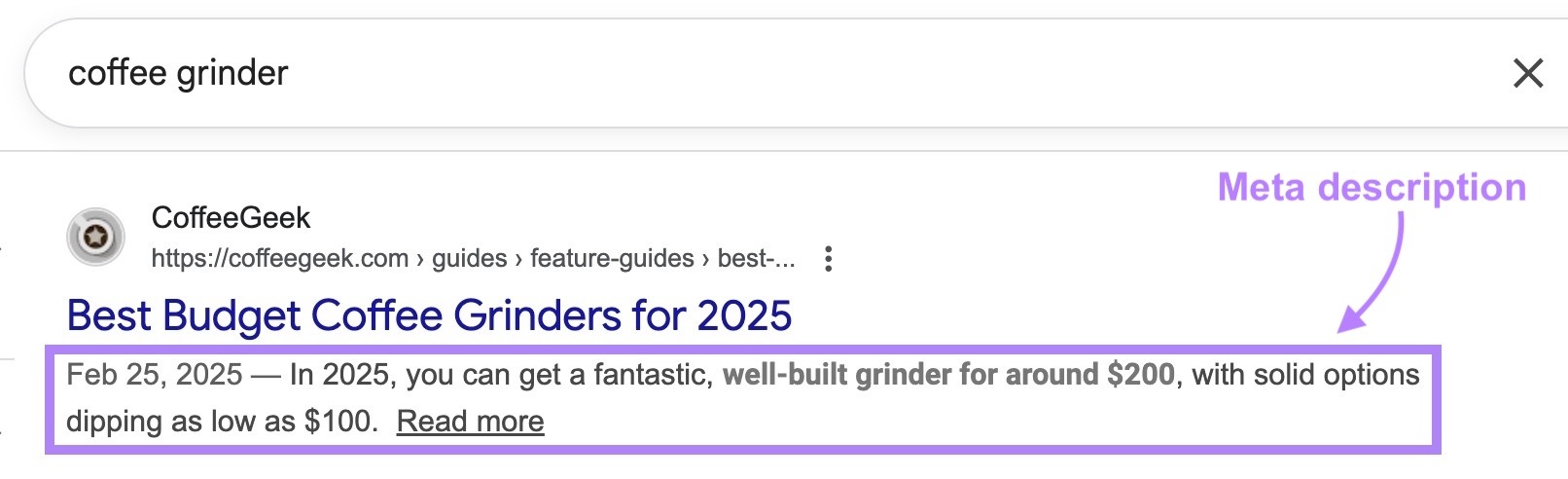 A SERP listing with the meta description highlighted.