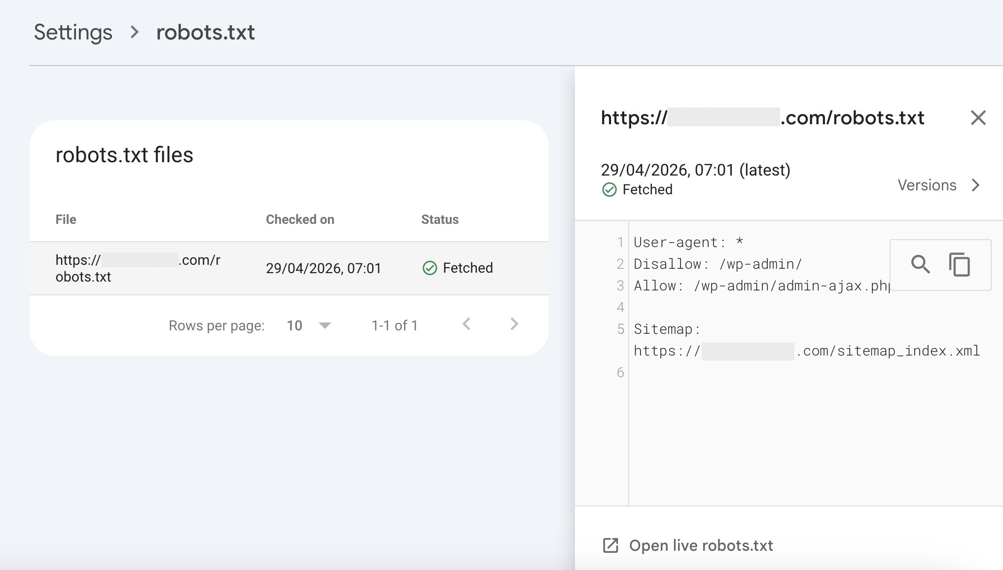 The "robots.txt" report on GSC showing the file fetched, rules disallowing /wp-admin/ and a sitemap URL listed.