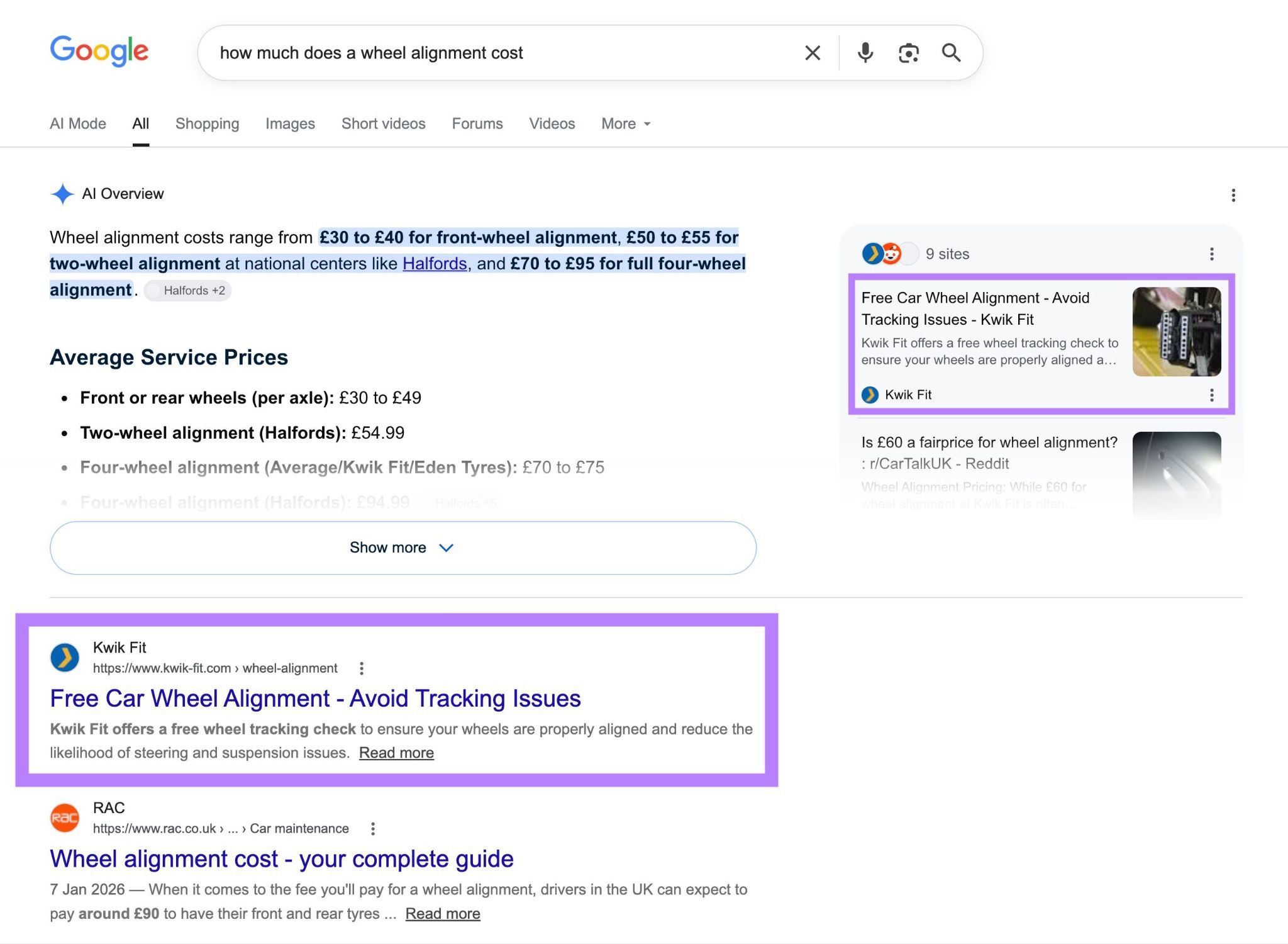 Google SERP showing a site cited in the AI Overview and appear as the top organic result.