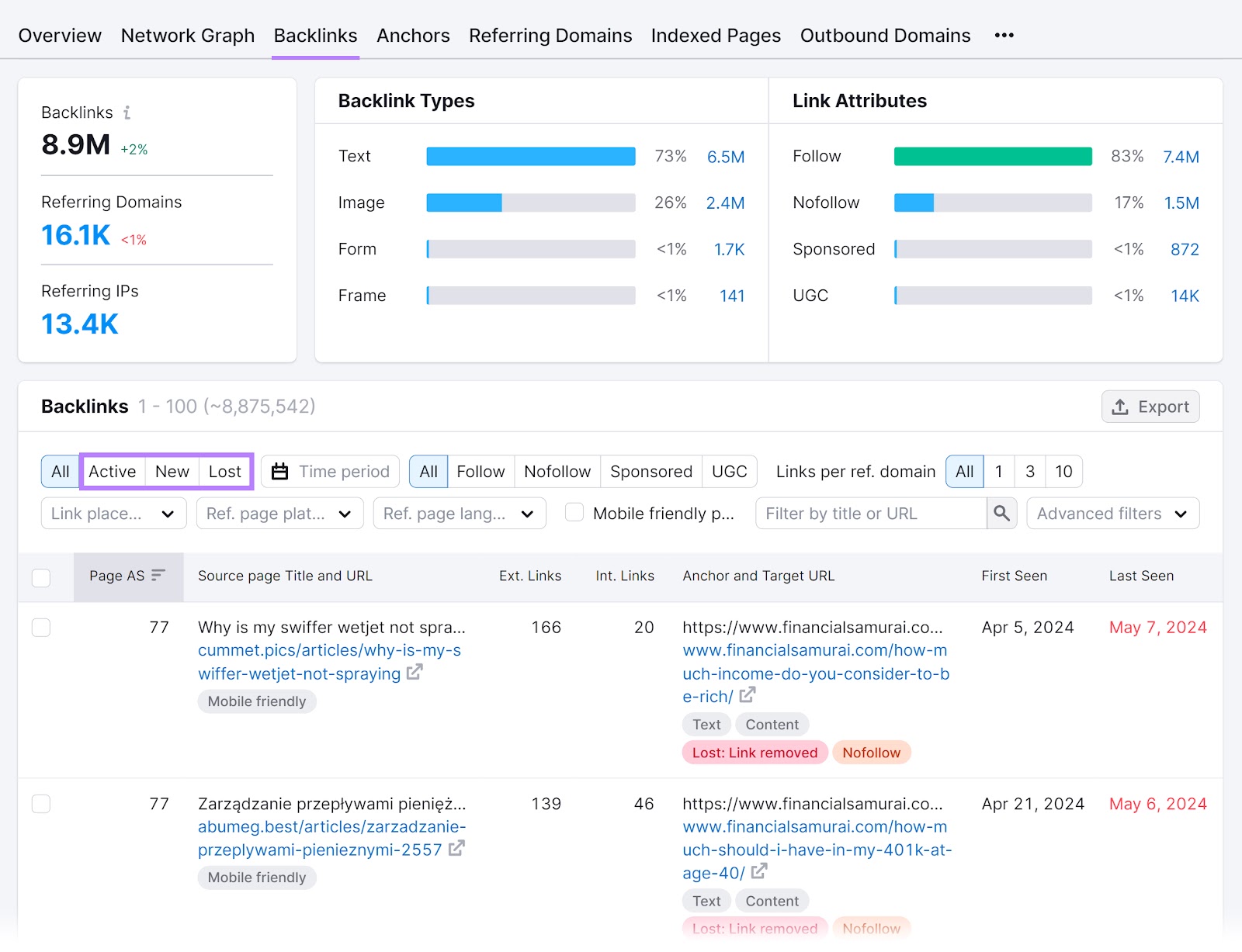 "Backlinks" tab of the Backlinks tool with the "Active", "New" and "Lost" filters highlighted