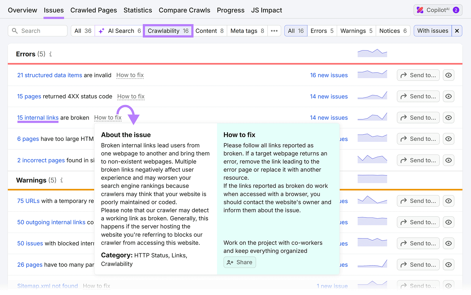 Semrush Site Audit report filtered for Crawlability issues with broken internal links issue details expanded