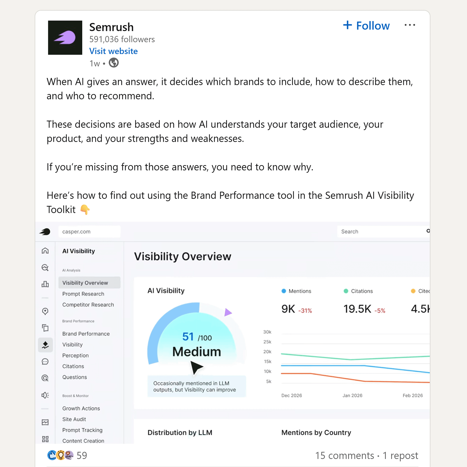LinkedIn post from Semrush explaining how AI decides which brands to mention in generated answers
