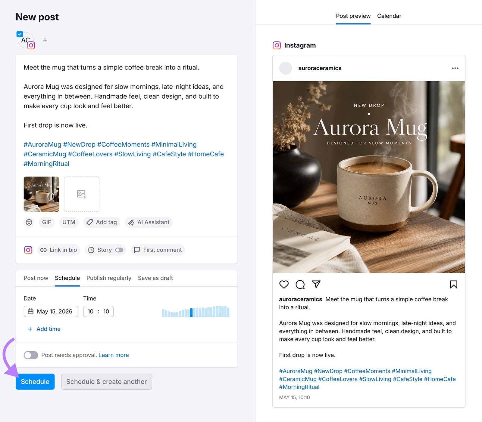 Semrush Social Poste previewing an Instagram post before publishing