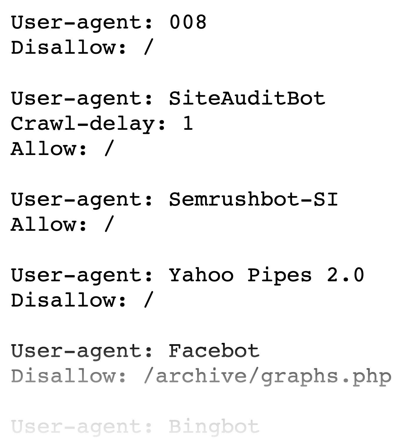 Robots.txt file showing rules allowing and disallowing specific user agents from crawling the site
