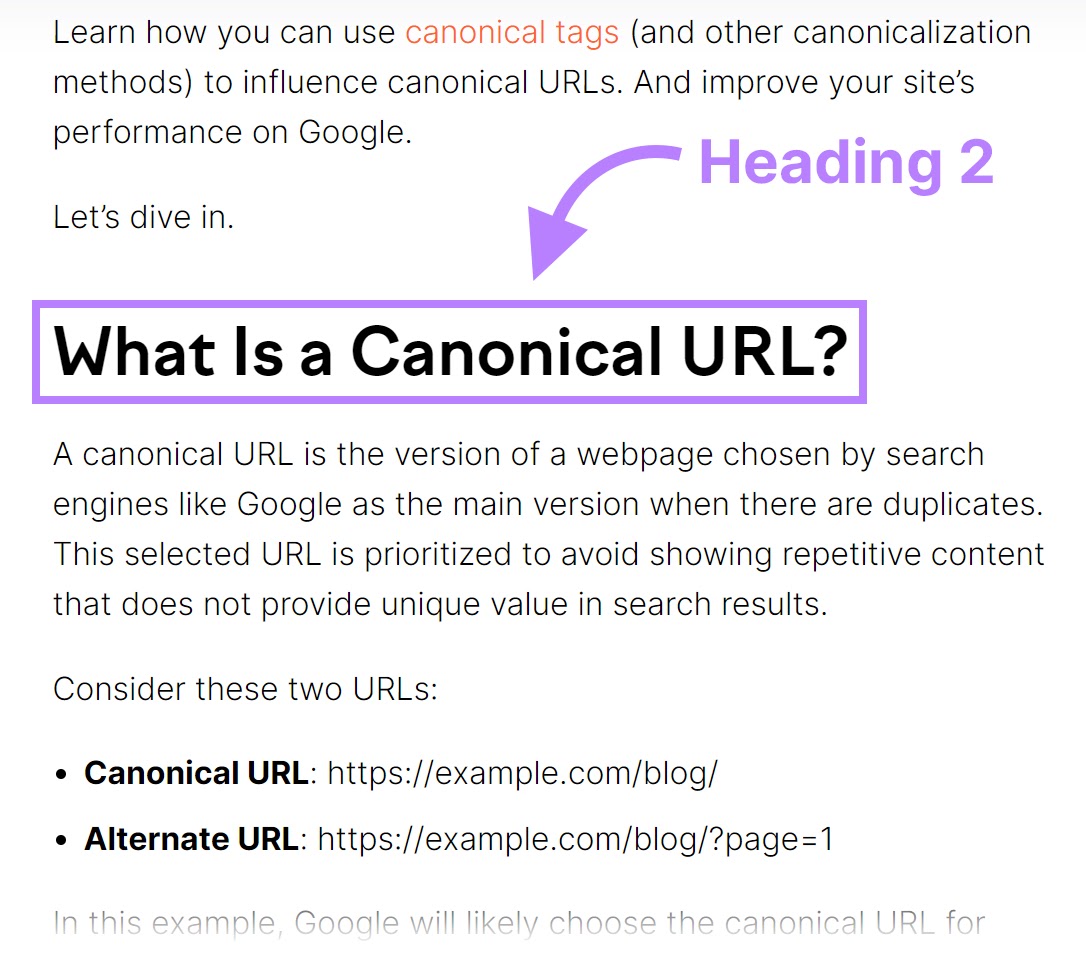 Heading 2 tag as shown to users when visiting a Semrush article.