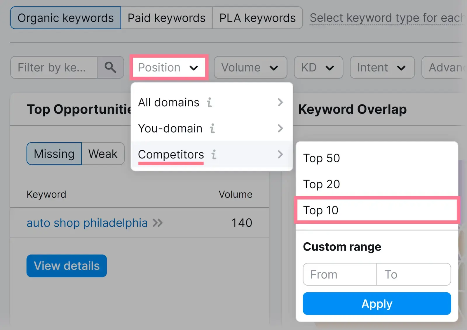 Applying a filter on Keyword Gap to only terms that competitors rank for in the top ten positions.
