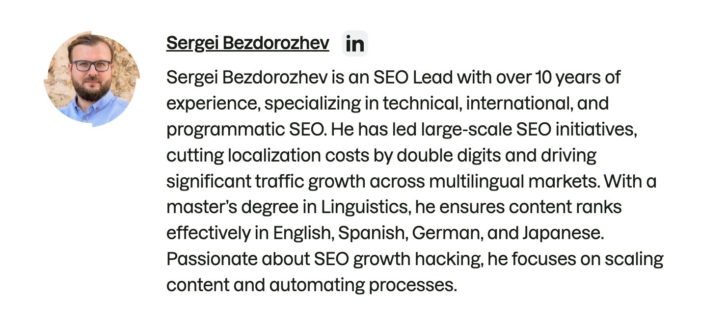 An author bio on a blog post by Semrush outlining the writer's credentials and expertise.