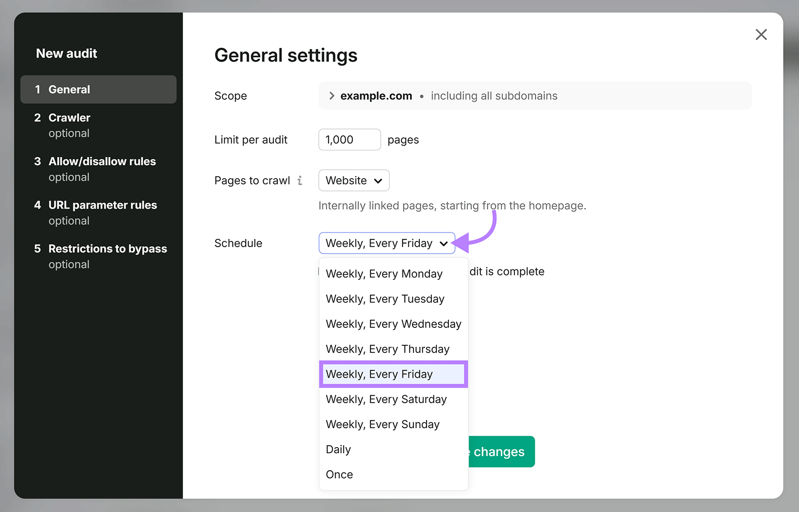 Semrush Site Audit settings with weekly crawl schedule dropdown open
