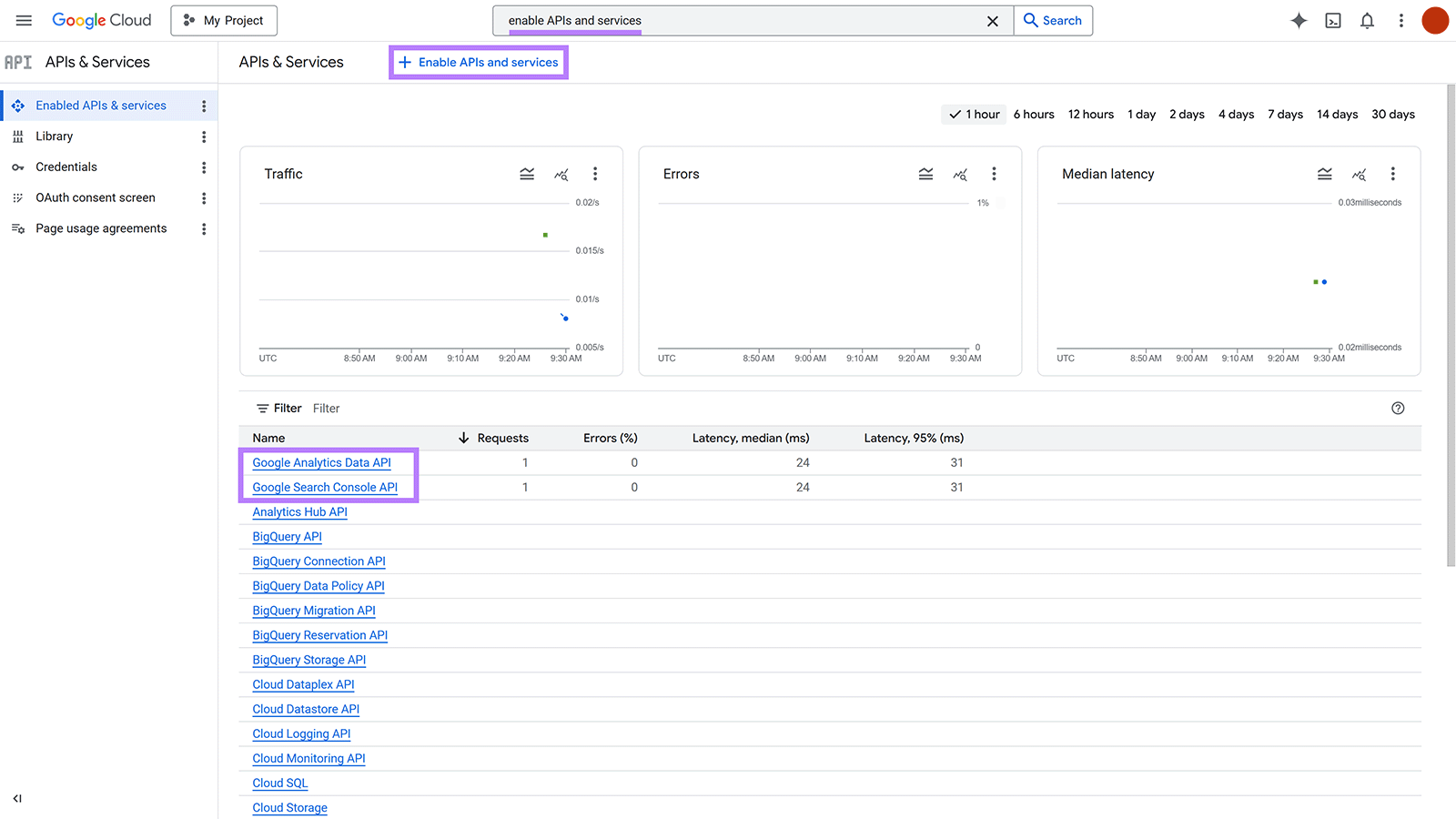 Google Cloud APIs dashboard showing Search Console and Analytics Data APIs enabled for SEO data collection
