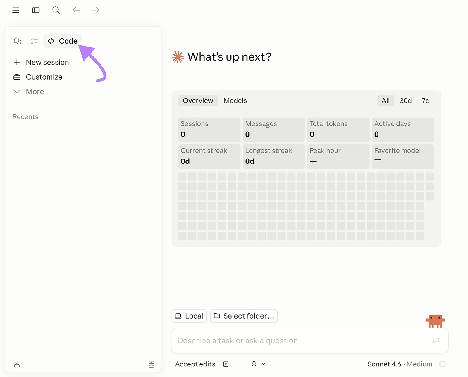 Claude sidebar menu with Code option highlighted to start a new coding session for SEO automation tasks