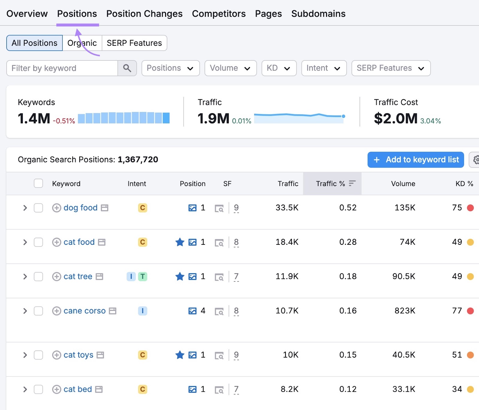 "Organic Search Positions" report showing a list of keywords a domain ranks for on the Organic Rankings tool.