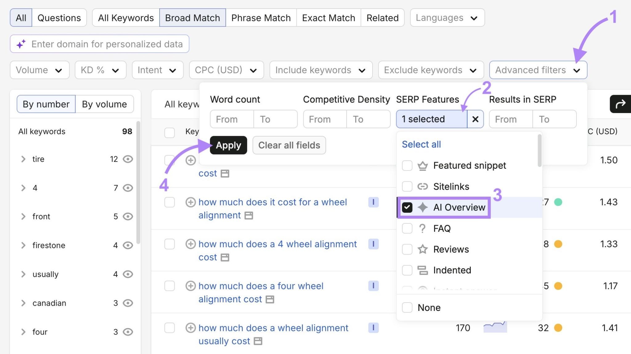 Applying a filter to only show terms triggering an AI Overview on the Keyword Magic Tool.