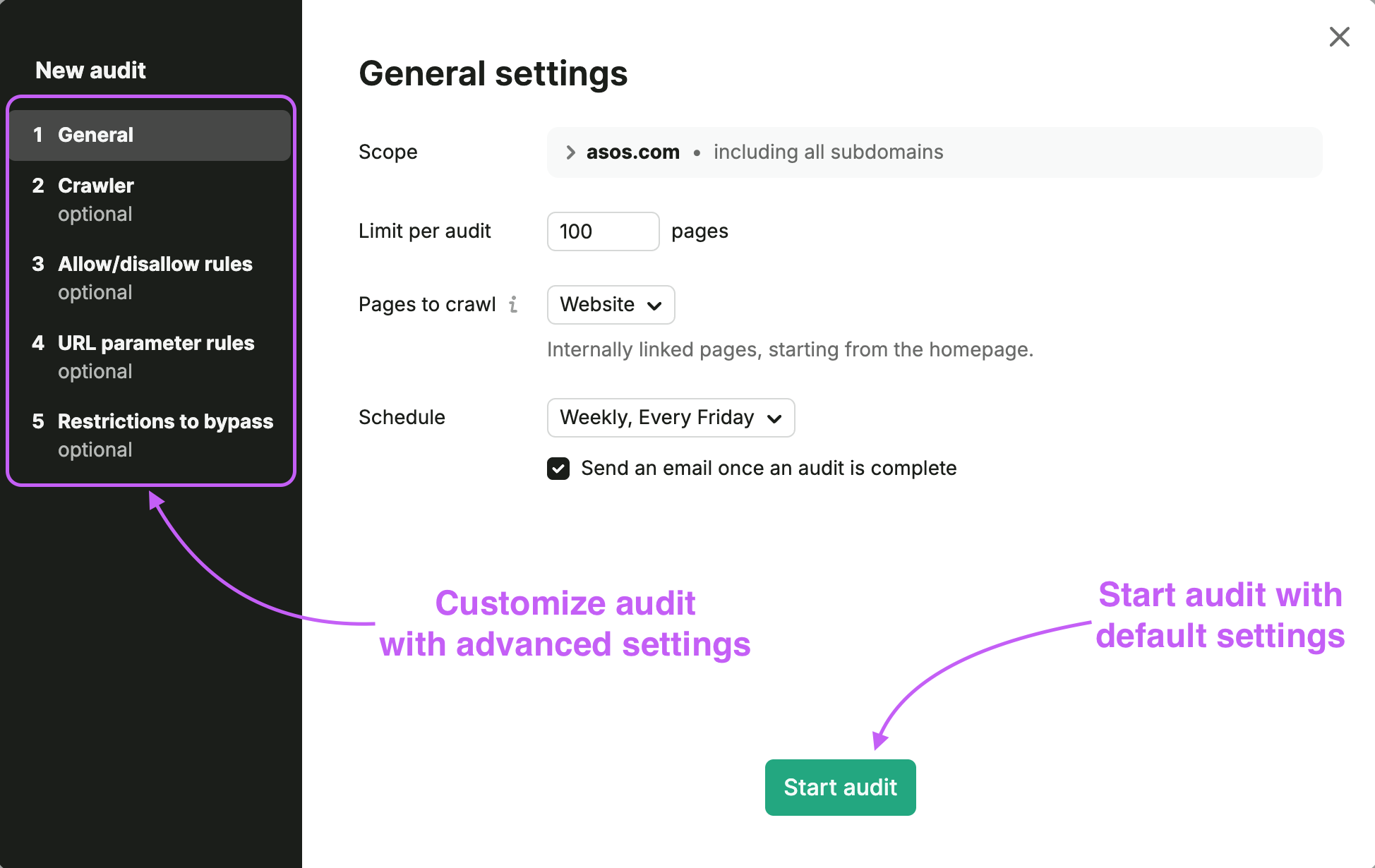 Site Audit settings wizard displayed, showing a 5-step process for configuring a Site Audit campaign.